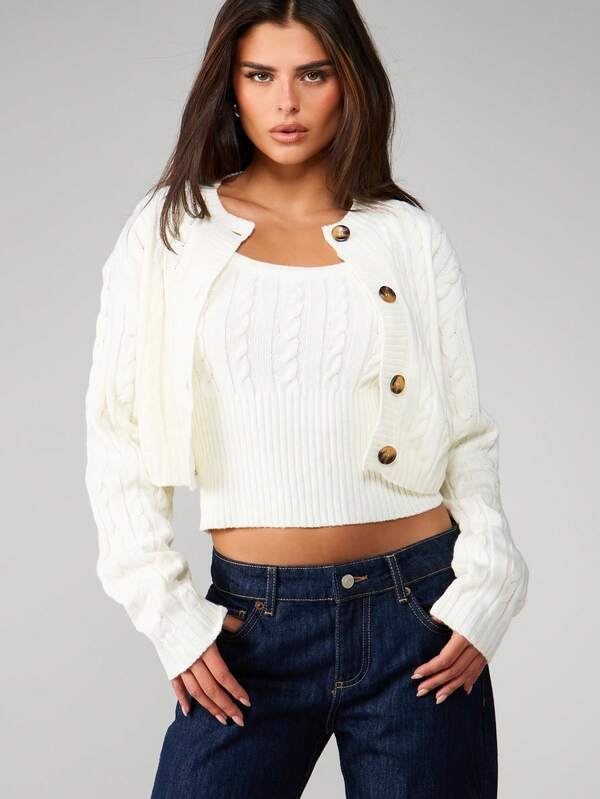 MISSGUIDED Cable Knit Cropped Cardigan And Vest Set