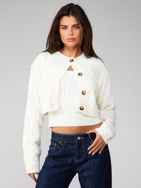 MISSGUIDED Cable Knit Cropped Cardigan And Vest Set