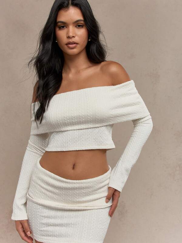 MISSGUIDED Cable Knit Flap Off Shoulder Long Sleeves Crop Bardot Top And Bodycon Mini Skirt Two Piece Co-Ord Set