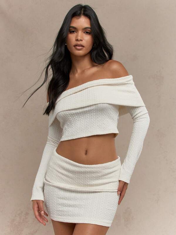 MISSGUIDED Cable Knit Flap Off Shoulder Long Sleeves Crop Bardot Top And Bodycon Mini Skirt Two Piece Co-Ord Set
