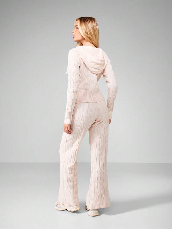 MISSGUIDED Cable Knit Hooded Cardigan With Flare Pants