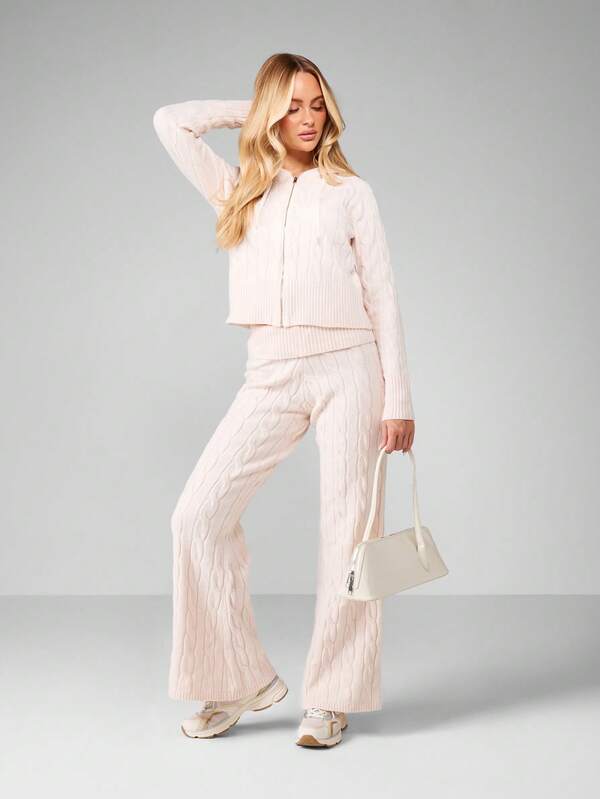 MISSGUIDED Cable Knit Hooded Cardigan With Flare Pants