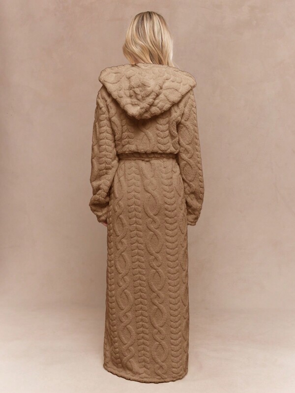MISSGUIDED Cable Knit Hooded Robe With Belt And Pockets