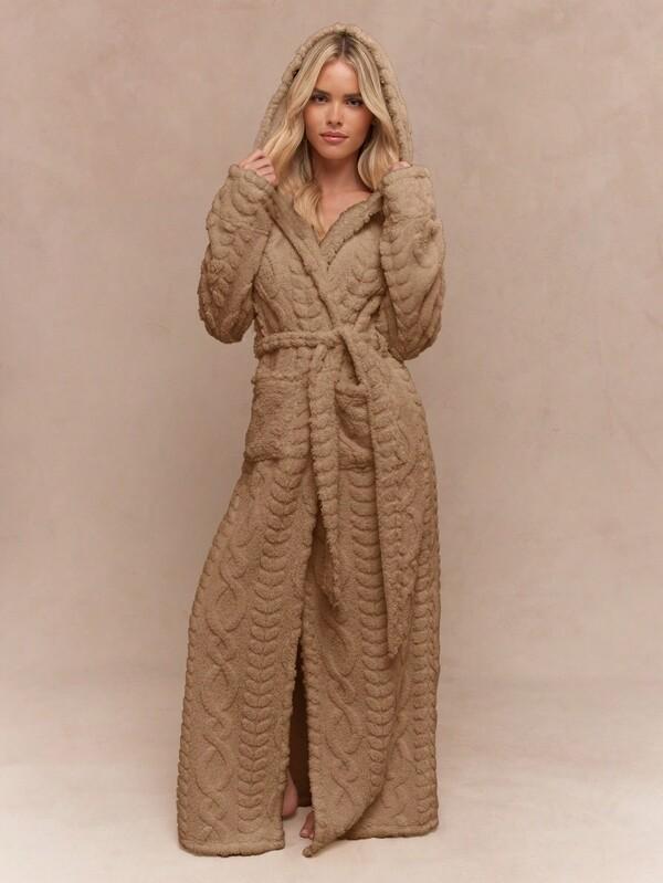 MISSGUIDED Cable Knit Hooded Robe With Belt And Pockets