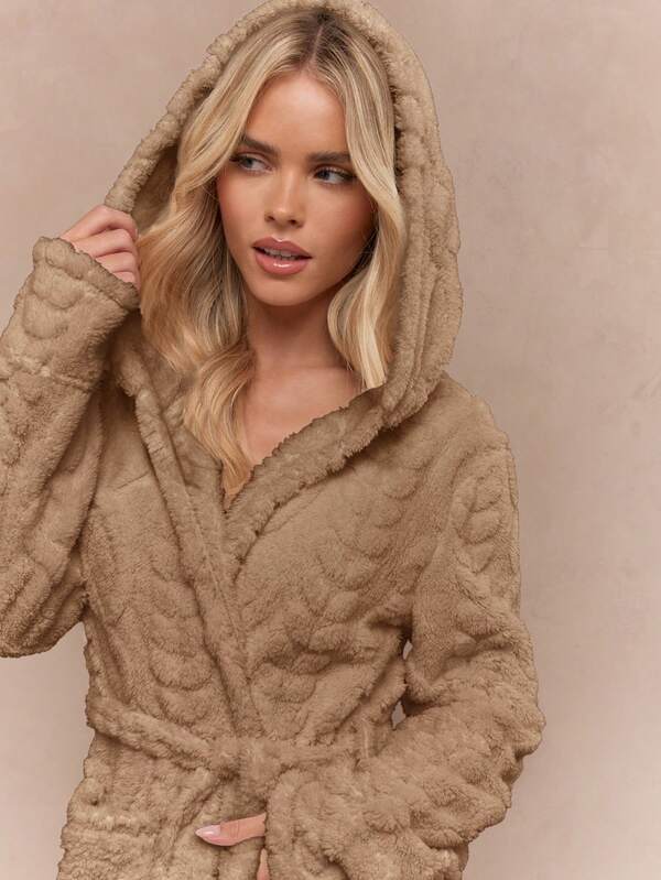 MISSGUIDED Cable Knit Hooded Robe With Belt And Pockets