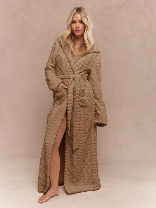 MISSGUIDED Cable Knit Hooded Robe With Belt And Pockets