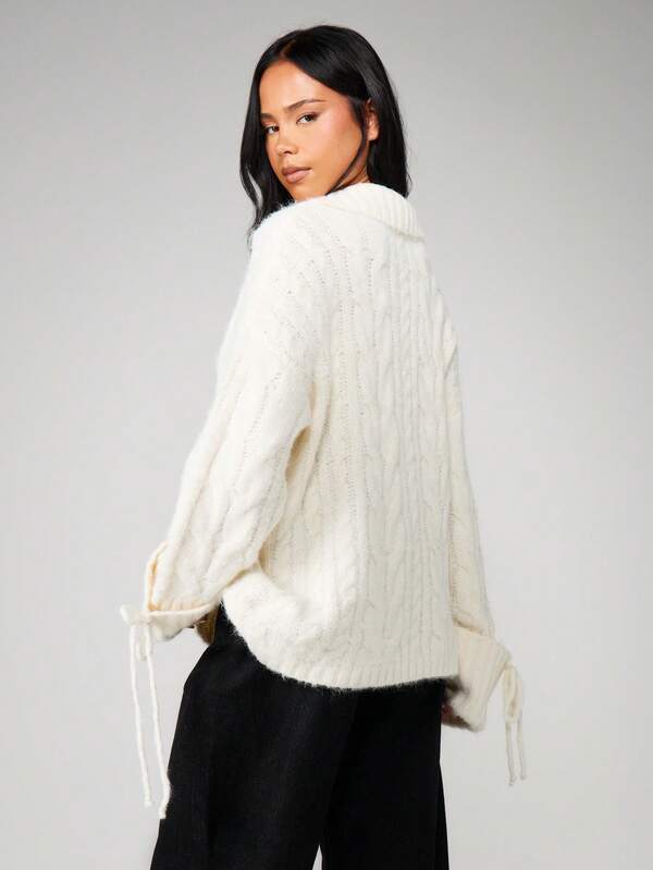 MISSGUIDED Cable Knit Hoodie With Drawstring