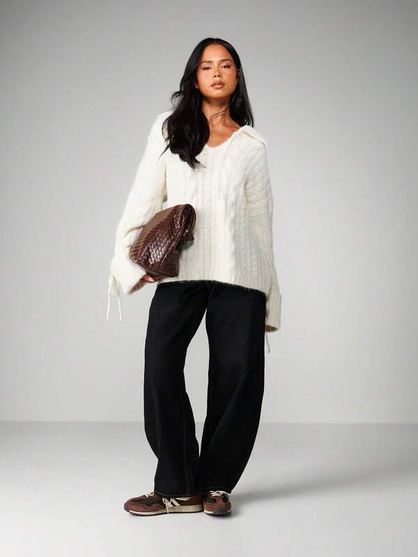 MISSGUIDED Cable Knit Hoodie With Drawstring