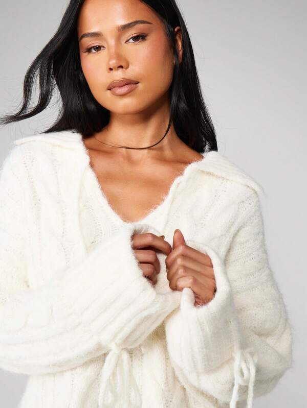 MISSGUIDED Cable Knit Hoodie With Drawstring