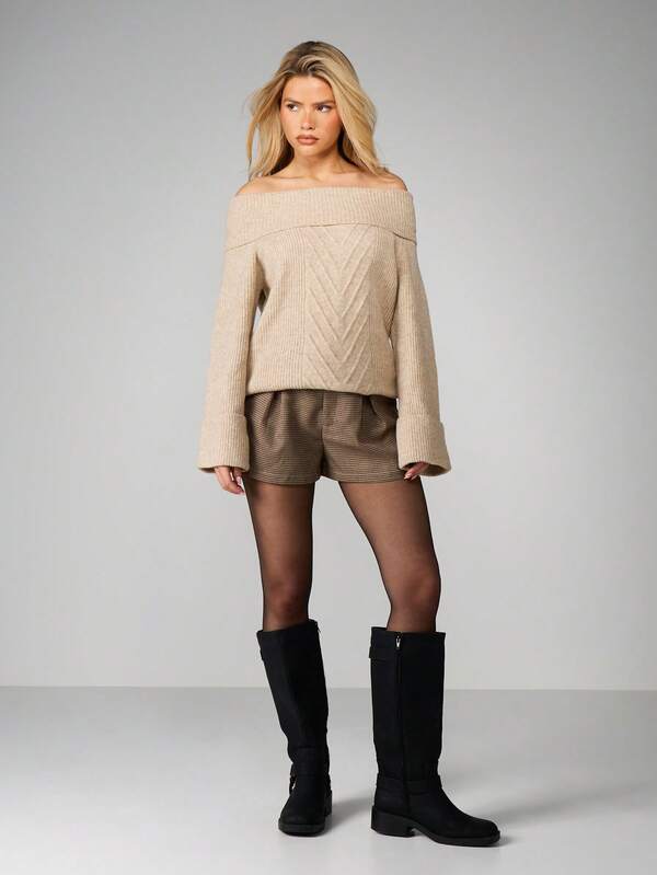 MISSGUIDED Cable Knit Off Shoulder Sweater With Zig Zag Pattern
