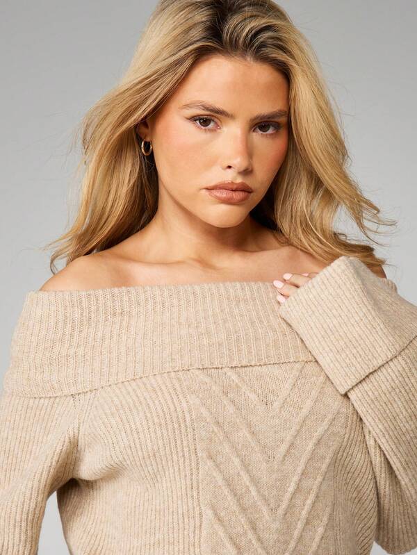 MISSGUIDED Cable Knit Off Shoulder Sweater With Zig Zag Pattern