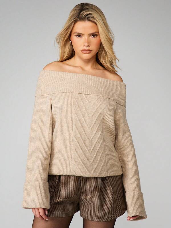 MISSGUIDED Cable Knit Off Shoulder Sweater With Zig Zag Pattern
