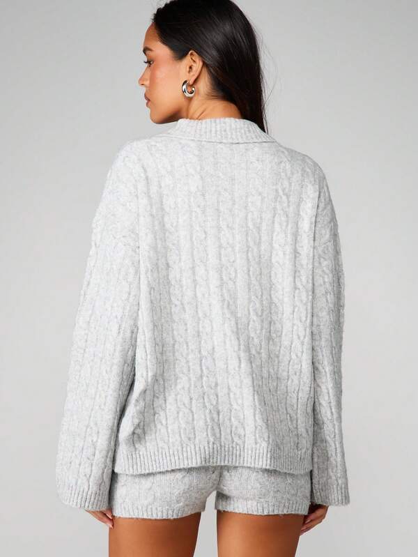 MISSGUIDED Cable Knit Polo Hoodie With Hot Pants Co-Ord