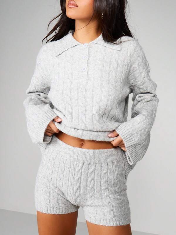 MISSGUIDED Cable Knit Polo Hoodie With Hot Pants Co-Ord