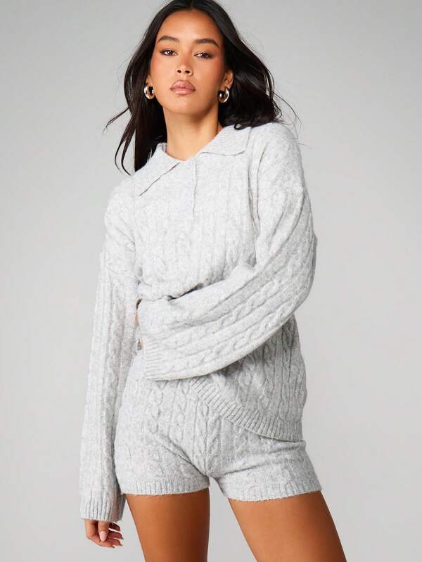MISSGUIDED Cable Knit Polo Hoodie With Hot Pants Co-Ord
