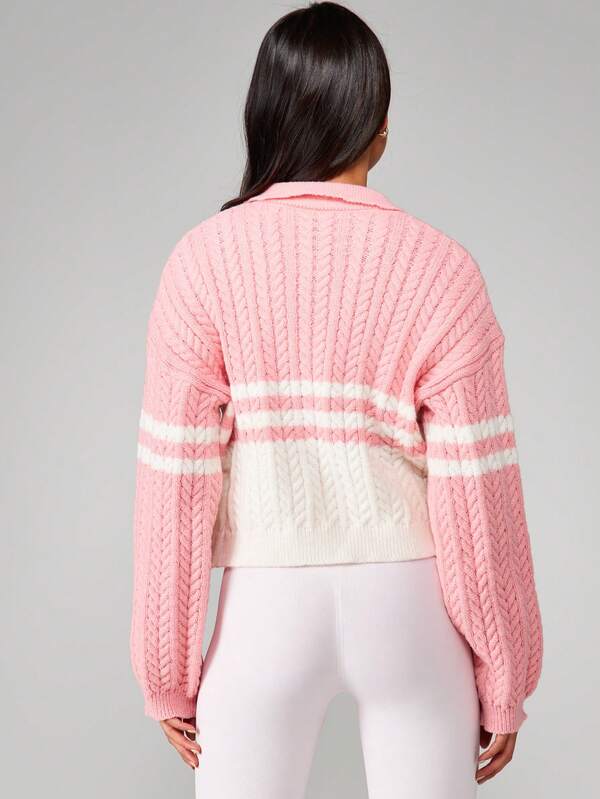MISSGUIDED Cable Knit Stripe Quarter Zip Cardigan