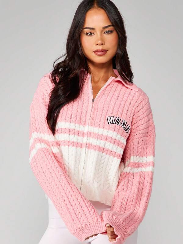 MISSGUIDED Cable Knit Stripe Quarter Zip Cardigan