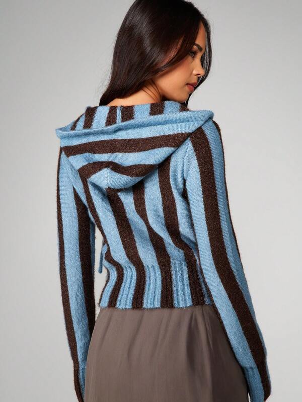 MISSGUIDED Cable Knit Striped Hooded Cardigan With Zipper