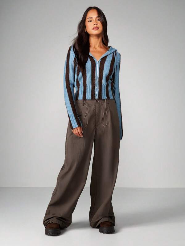 MISSGUIDED Cable Knit Striped Hooded Cardigan With Zipper