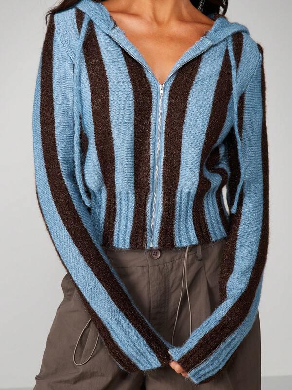 MISSGUIDED Cable Knit Striped Hooded Cardigan With Zipper
