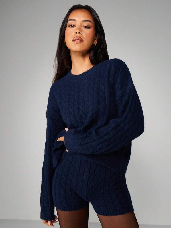 MISSGUIDED Cable Knit Sweater And Hot Pants Set
