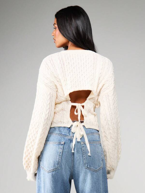 MISSGUIDED Cable Knit Sweater With Tie Back