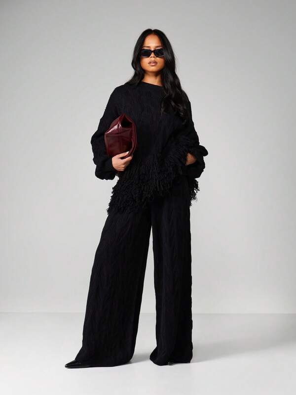 MISSGUIDED Cable Knit Wide Leg Joggers With Fringe