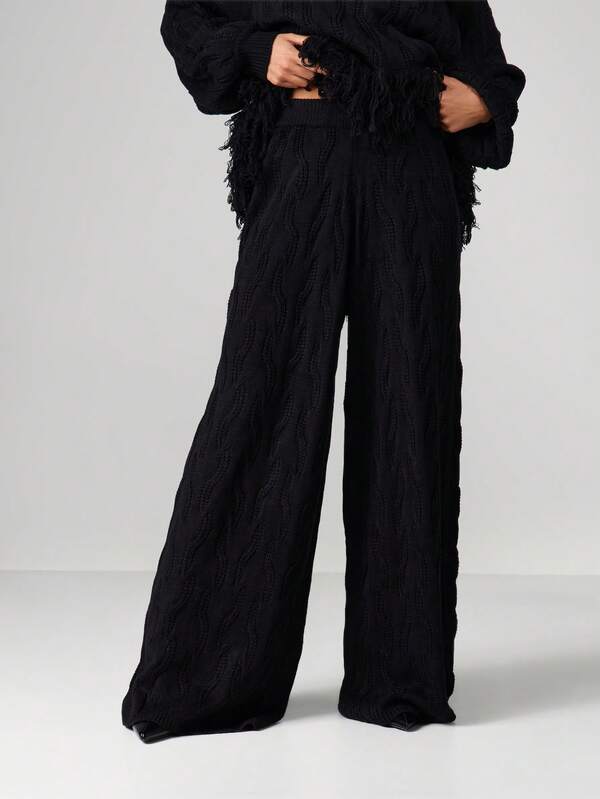 MISSGUIDED Cable Knit Wide Leg Joggers With Fringe