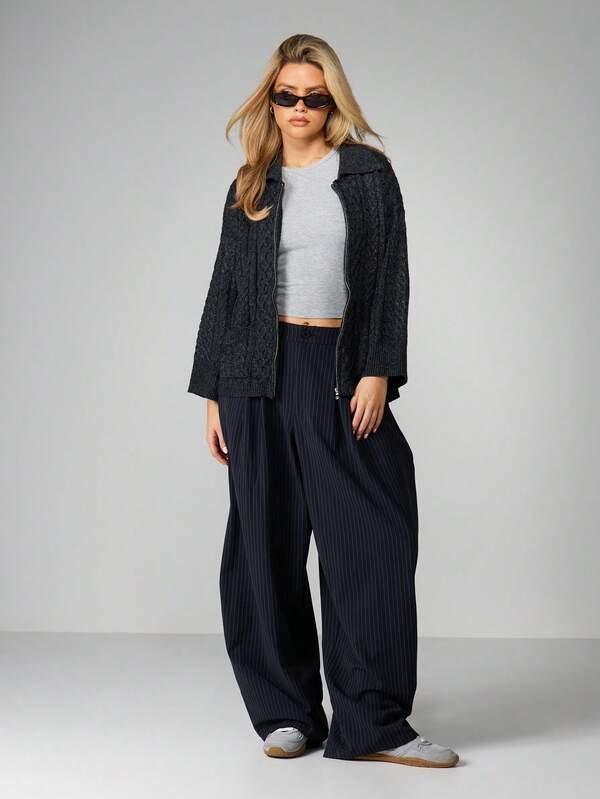 MISSGUIDED Cable Knit Zip Front Cardigan