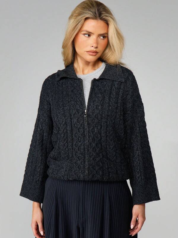 MISSGUIDED Cable Knit Zip Front Cardigan
