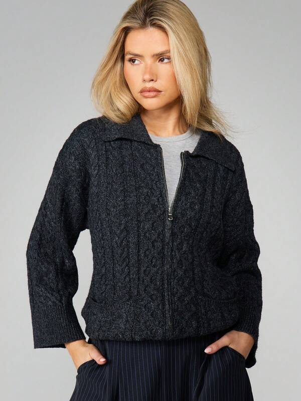 MISSGUIDED Cable Knit Zip Front Cardigan