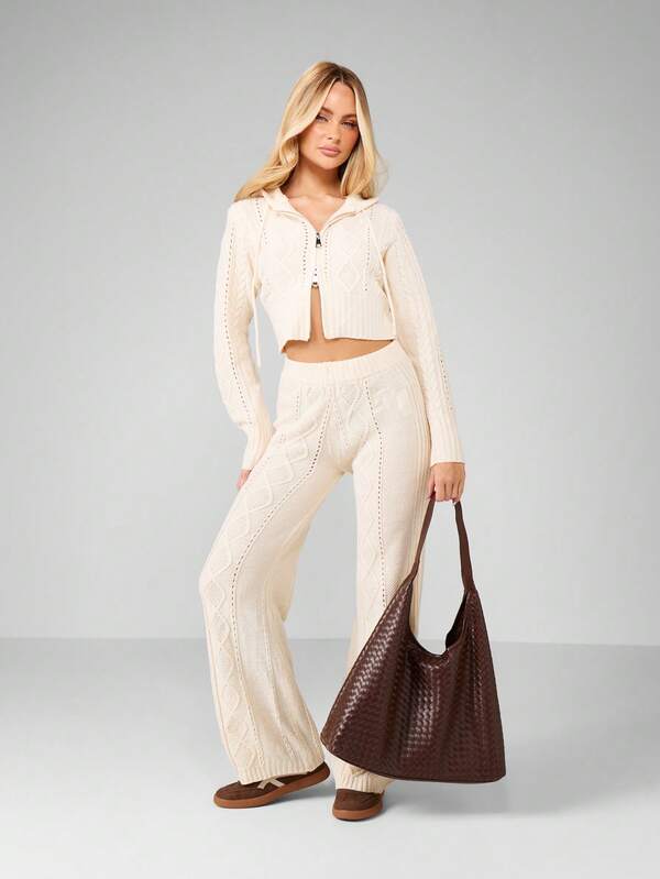 MISSGUIDED Cable Knit Zip Up Hooded Co-Ord Set