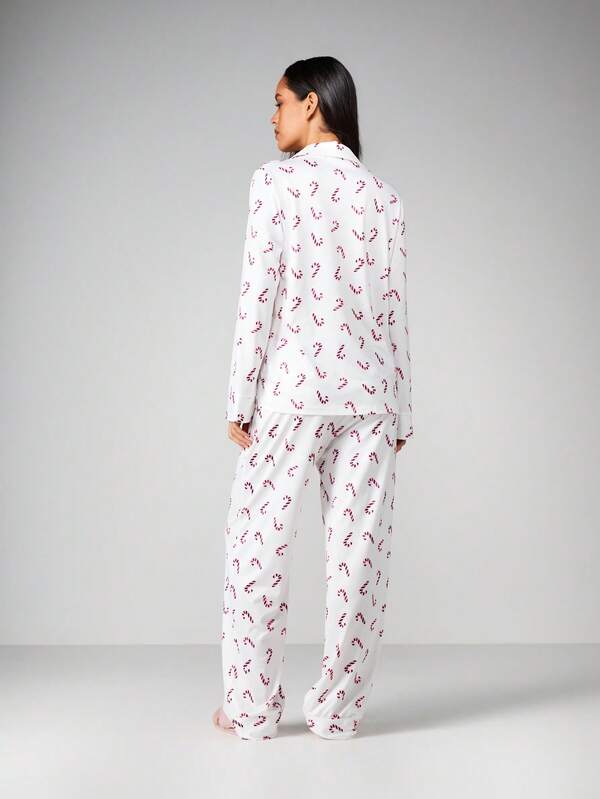 MISSGUIDED Candy Cane Print Pajama Set With Button Front