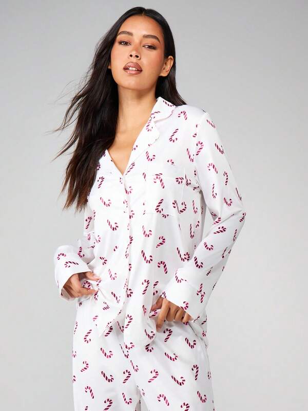MISSGUIDED Candy Cane Print Pajama Set With Button Front