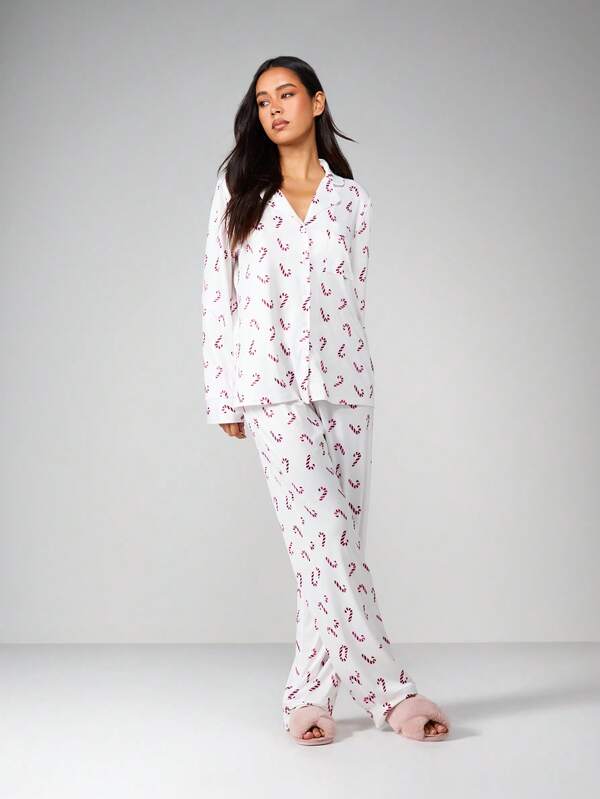 MISSGUIDED Candy Cane Print Pajama Set With Button Front