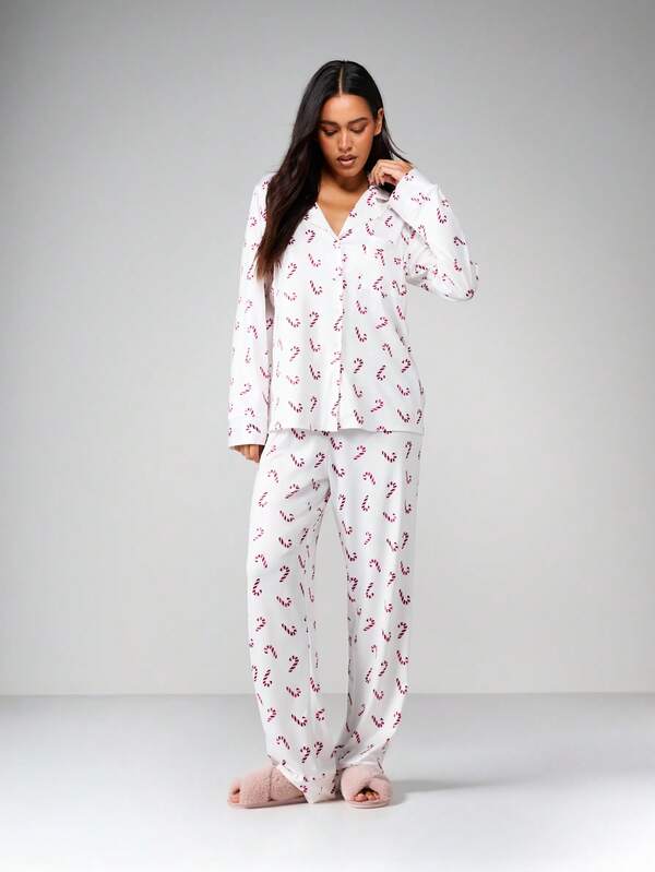 MISSGUIDED Candy Cane Print Pajama Set With Button Front