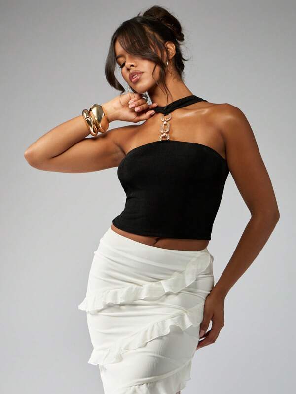 MISSGUIDED Chain Embellished Sleeveless One Shoulder Crop Top