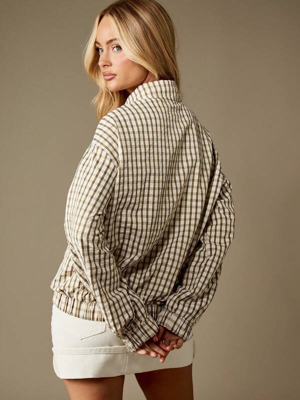 MISSGUIDED Check Pattern Bomber Jacket With Elastic Cuffs And Collar