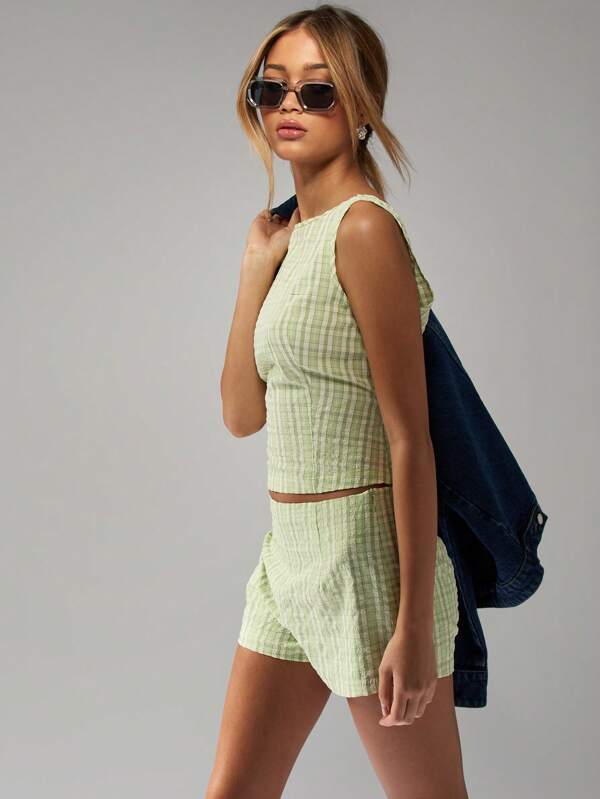 MISSGUIDED Check Print Sleeveless Top High-Rise Shorts Two-Piece Set