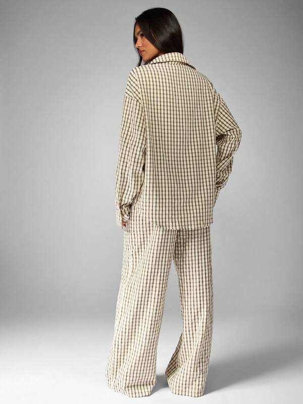MISSGUIDED Checkered Linen Feel Shirt With Wide Leg Pants