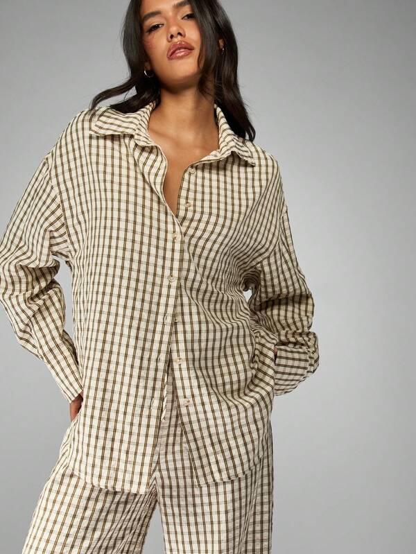 MISSGUIDED Checkered Linen Feel Shirt With Wide Leg Pants