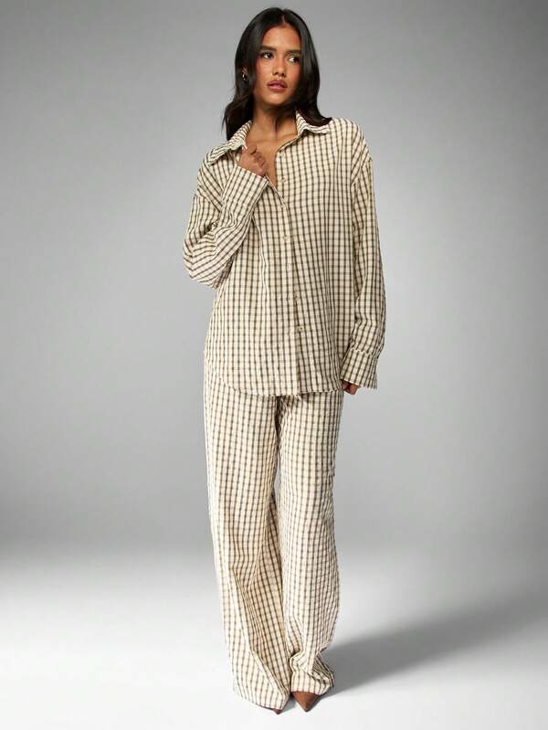 MISSGUIDED Checkered Linen Feel Shirt With Wide Leg Pants