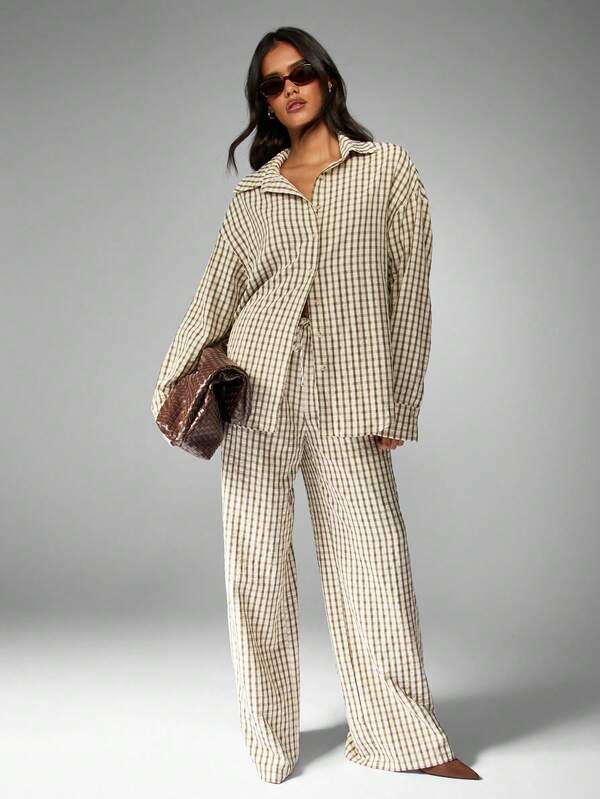 MISSGUIDED Checkered Linen Feel Shirt With Wide Leg Pants