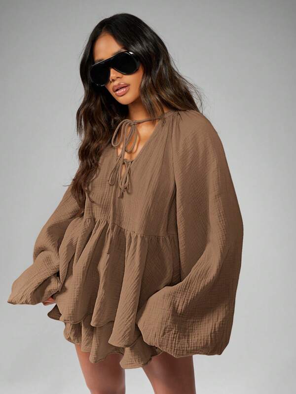 MISSGUIDED Cheesecloth Balloon Sleeve Ruffle Tiered Blouse Floaty Shorts Two-Piece Outfits