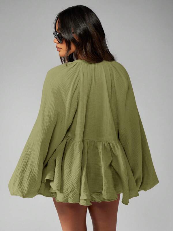 MISSGUIDED Cheesecloth Tie Front Blouse And Ruffle Shorts Set