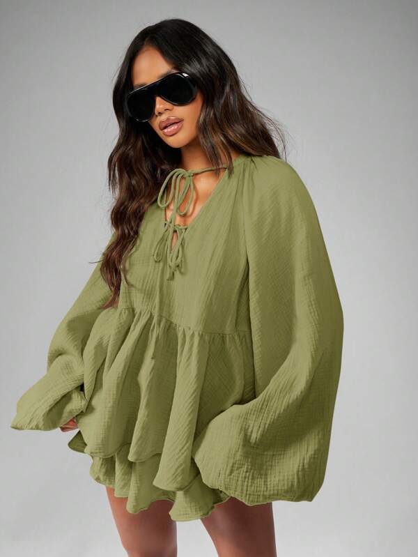 MISSGUIDED Cheesecloth Tie Front Blouse And Ruffle Shorts Set