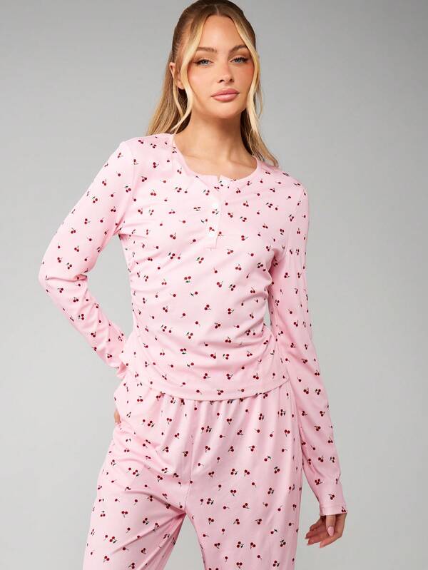 MISSGUIDED Cherry Pattern Lounge Set With Long Sleeves