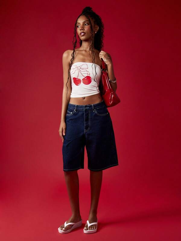 MISSGUIDED Cherry Print Bandeau Crop Strapless Women Tube Top
