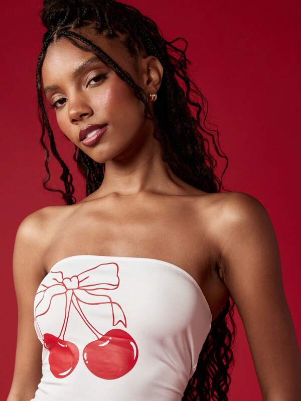 MISSGUIDED Cherry Print Bandeau Crop Strapless Women Tube Top
