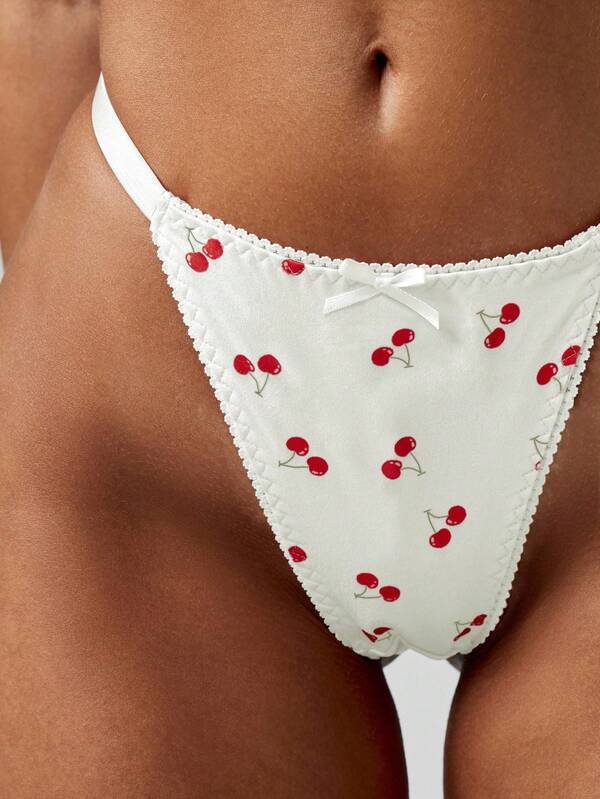 MISSGUIDED Cherry Print Thong With Picot Trim